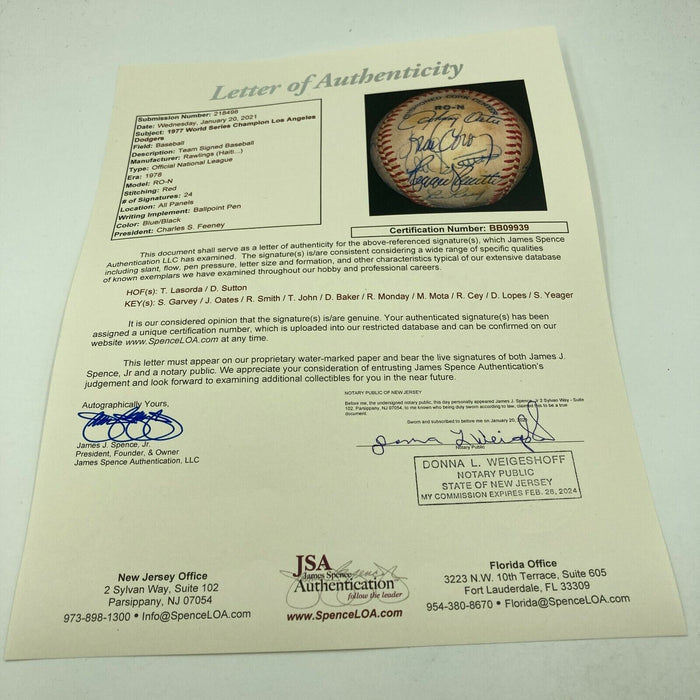 1977 Los Angeles Dodgers National League Champions Team Signed Baseball JSA COA