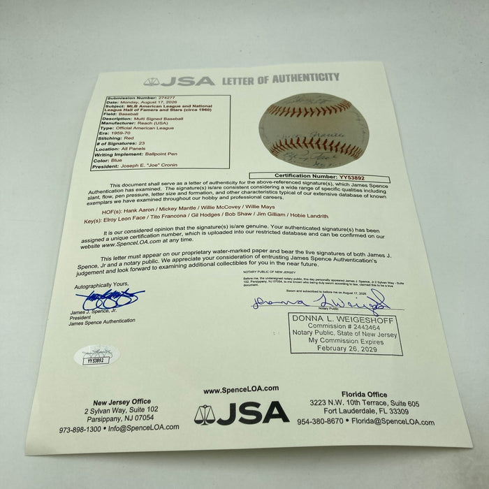 Mickey Mantle Willie Mays Hank Aaron 1960's HOF Multi Signed Baseball JSA COA