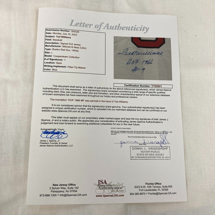 The Finest Ted Williams "Hall Of  Fame 1966 #9" Signed Boston Red Sox Jersey JSA