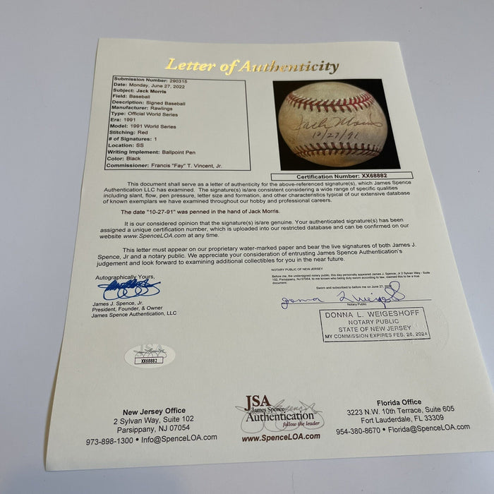 Historic Jack Morris Signed 1991 World Series Game 7 Game Used Baseball MEARS