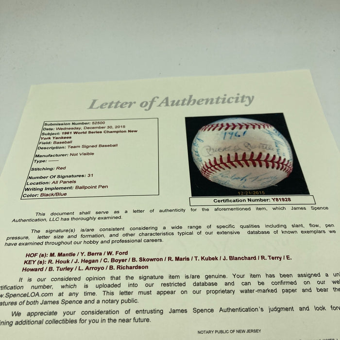 1961 New York Yankees World Series Champs Team Signed Baseball Mickey Mantle JSA