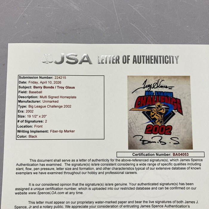 Barry Bonds Signed 2002 All Star Game Big League Challenge Home Plate JSA COA