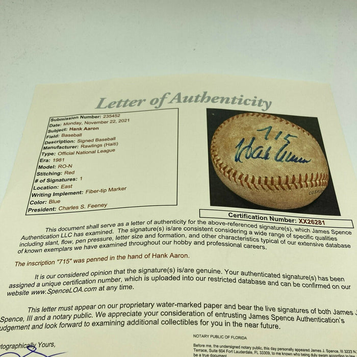 Rare Hank Aaron 715 HR Signed Vintage National League Game Used Baseball JSA COA