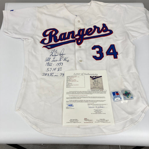 Nolan Ryan Signed Heavily Inscribed Texas Rangers Game Model STAT Jersey JSA COA