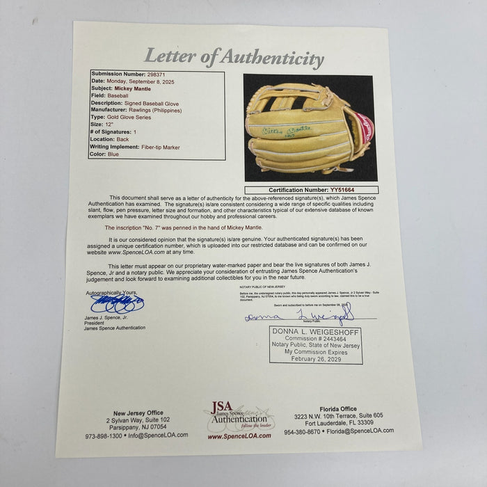 Mickey Mantle No. 7 Signed Rawlings Baseball Glove JSA COA