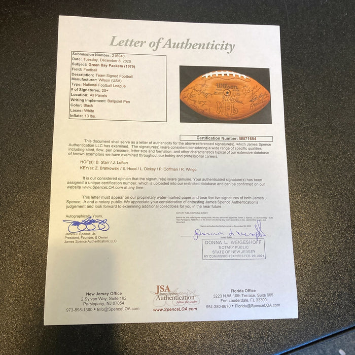 1979 Green Bay Packers Team Signed Wilson NFL Game Football Bart Starr JSA COA