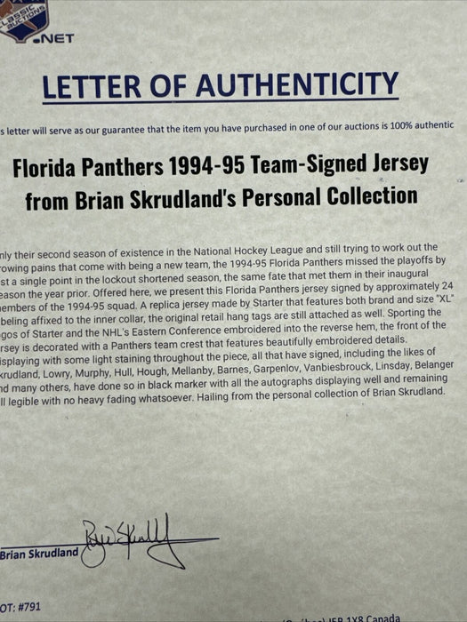 1994-95 Florida Panthers Team-Signed Authentic NHL Jersey Brian Skrudland LOA