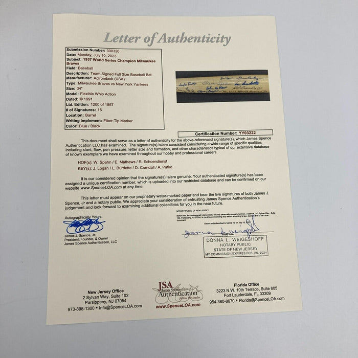 1957 Milwaukee Braves World Series Champs Team Signed Bat JSA COA