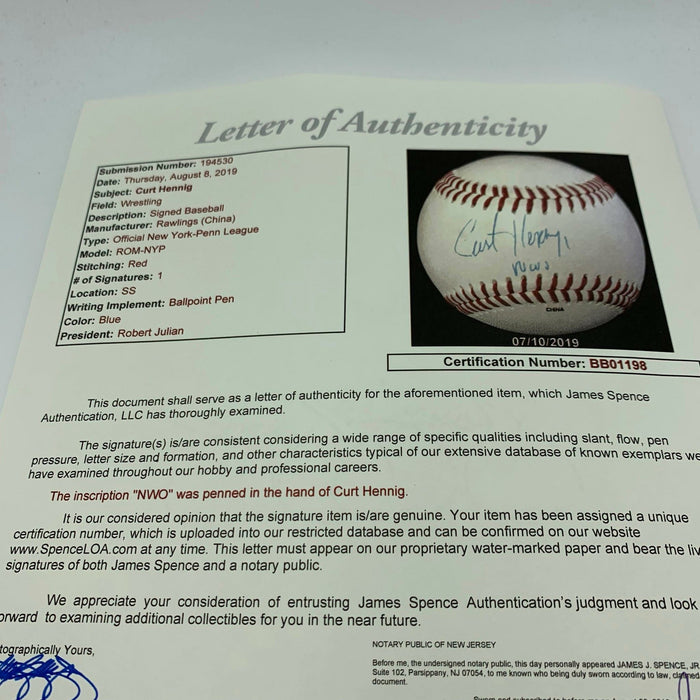 Rare Curt Hennig Signed Autographed Baseball WWE Wrestling With JSA COA