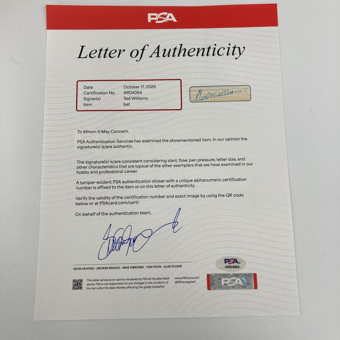 Ted Williams Signed Rawlings Big Stick Baseball Bat PSA DNA COA