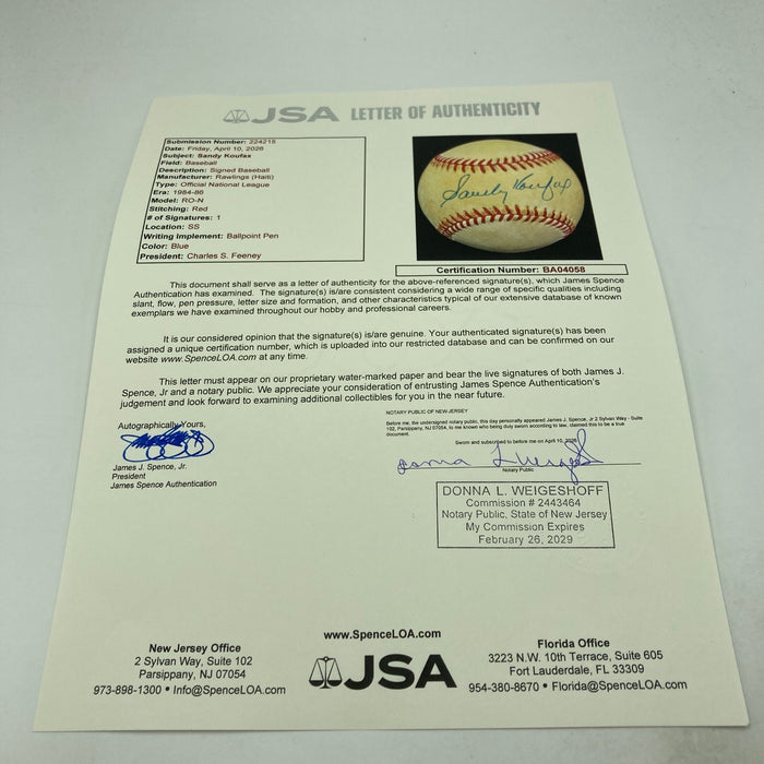 Sandy Koufax Signed Vintage National League Feeney Baseball JSA COA