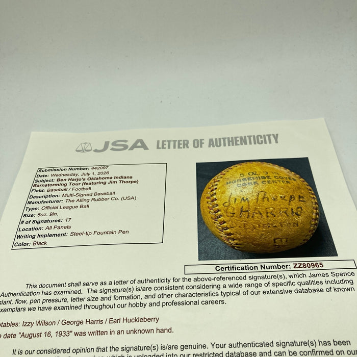 Jim Thorpe 1933 Ben Harjo's All-Indian Baseball Club Team Signed Baseball JSA