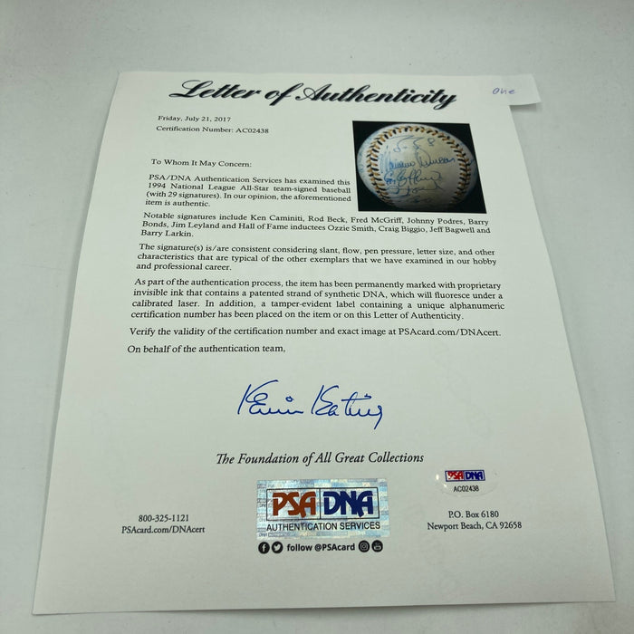 1994 All Star Game National League Team Signed Baseball Barry Bonds PSA DNA COA