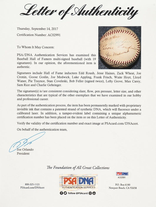 Pie Traynor Lefty Grove 1970's Hall Of Fame Induction Multi Signed Baseball PSA