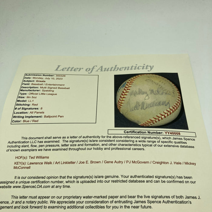 Ted Williams Gene Autry Lawrence Welk Joe E Brown 1961 Signed Baseball JSA COA