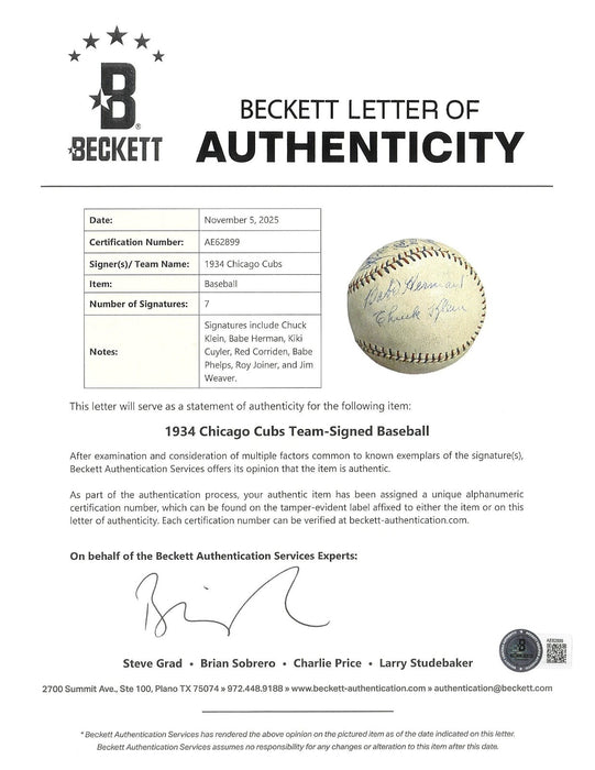 Chuck Klein 1934 Chicago Cubs Team Signed Baseball Beckett COA