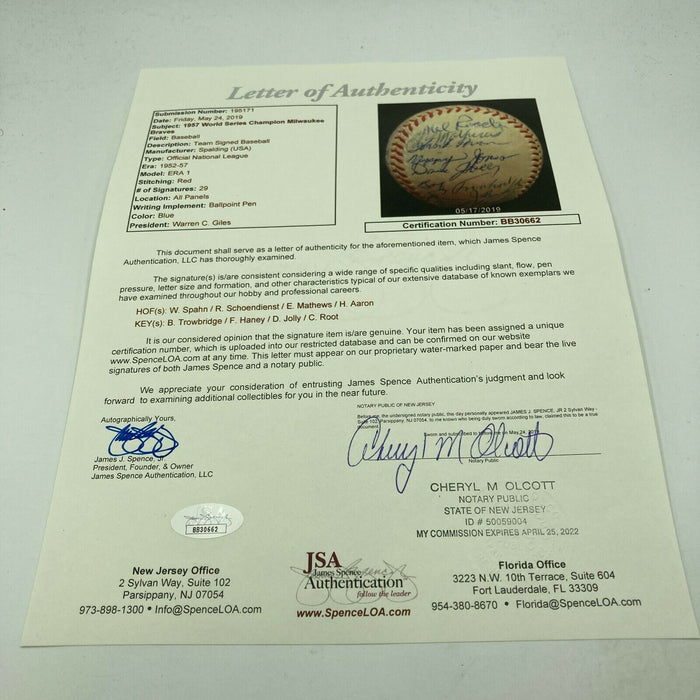 Beautiful 1957 Milwaukee Braves World Series Champs Team Signed Baseball JSA COA