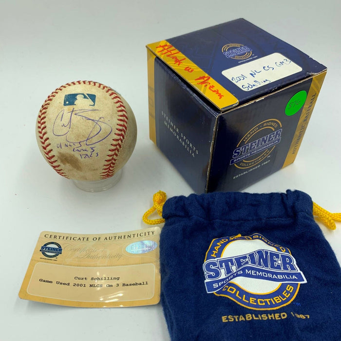 Curt Schilling Signed Inscribed 2001 NLCS Game 3 Game Used Baseball Steiner COA