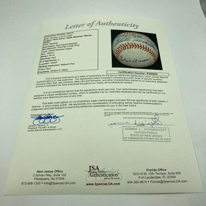 Hank Aaron Eddie Mathews Warren Spahn National League Baseball With JSA COA