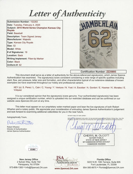 2015 Kansas City Royals World Series Champs Team Signed W.S. Jersey JSA COA