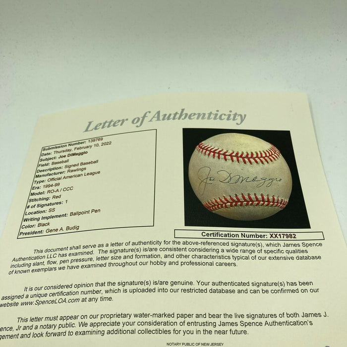 Nice Joe Dimaggio Signed Official American League Baseball JSA COA