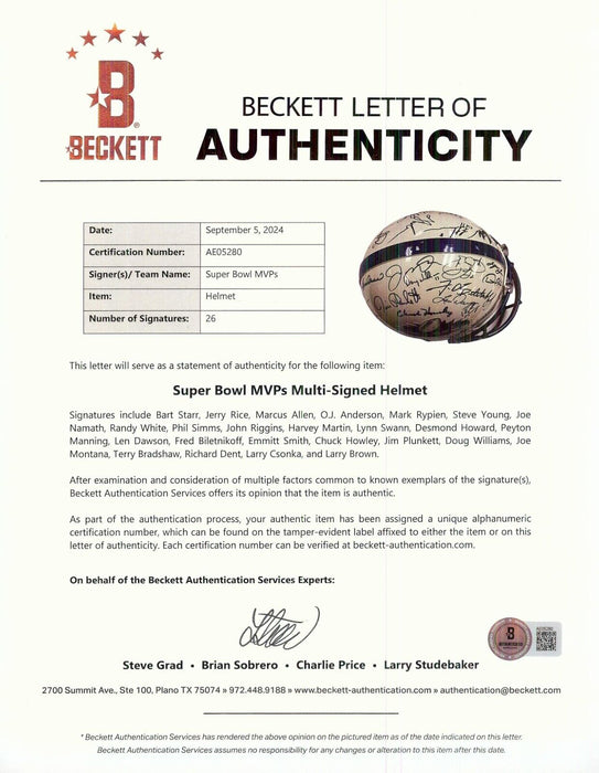 Beautiful Super Bowl MVP's Signed Full Size Authentic Helmet 26 Sigs Beckett COA