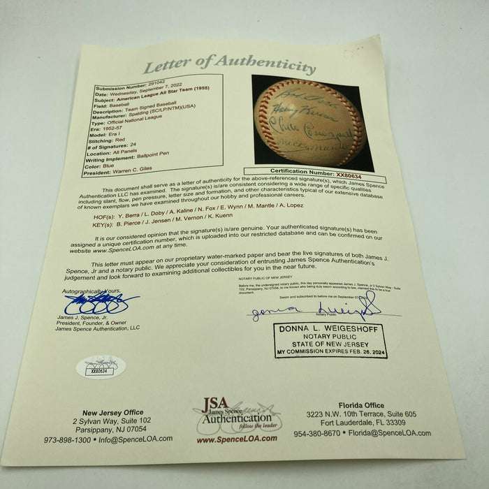 Mickey Mantle 1955 All Star Game Team Signed National League Baseball JSA COA