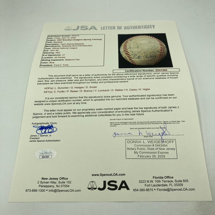 1947 Brooklyn Dodgers NL Champs Team Signed Baseball JSA COA