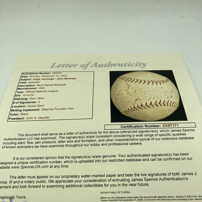 Historic Hughie Jennings & John McGraw Signed 1924 National League Baseball JSA