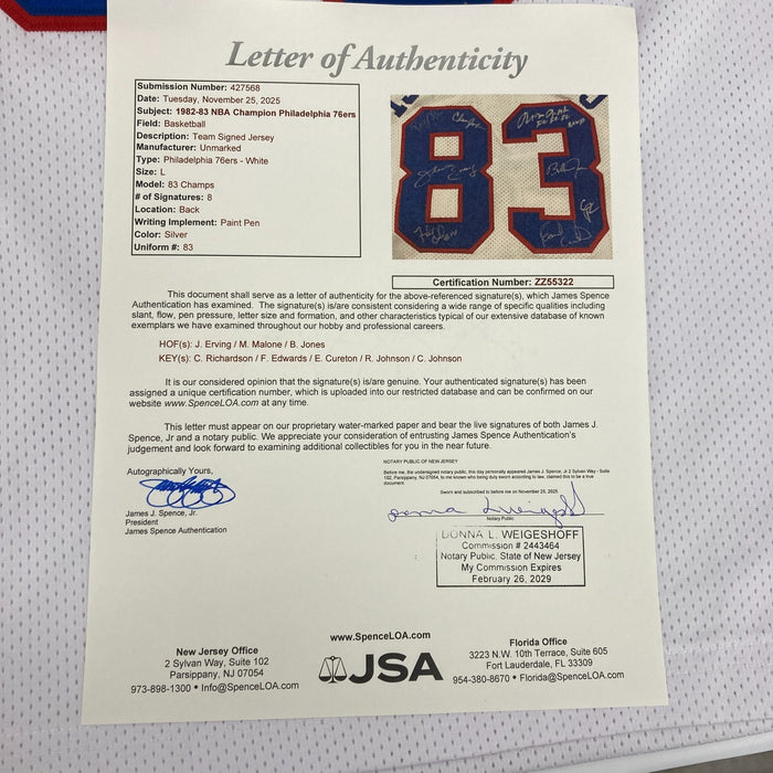 1982-83 Philadelphia 76ers NBA Champions Team Signed Jersey JSA COA