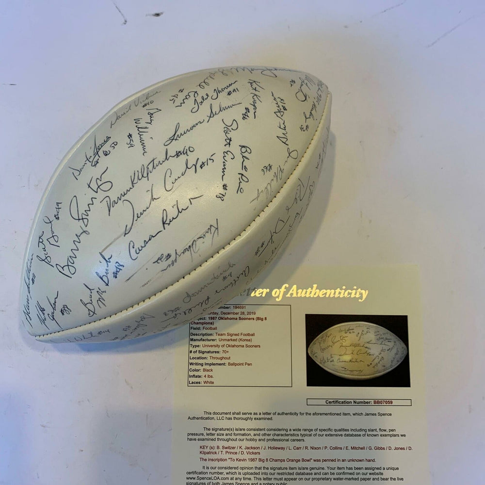 1987 Big 8 Champion Oklahoma Sooners Team Signed Football 71 Sigs With JSA COA