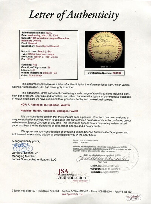 1969 Baltimore Orioles American League Champs Team Signed Baseball PSA DNA COA