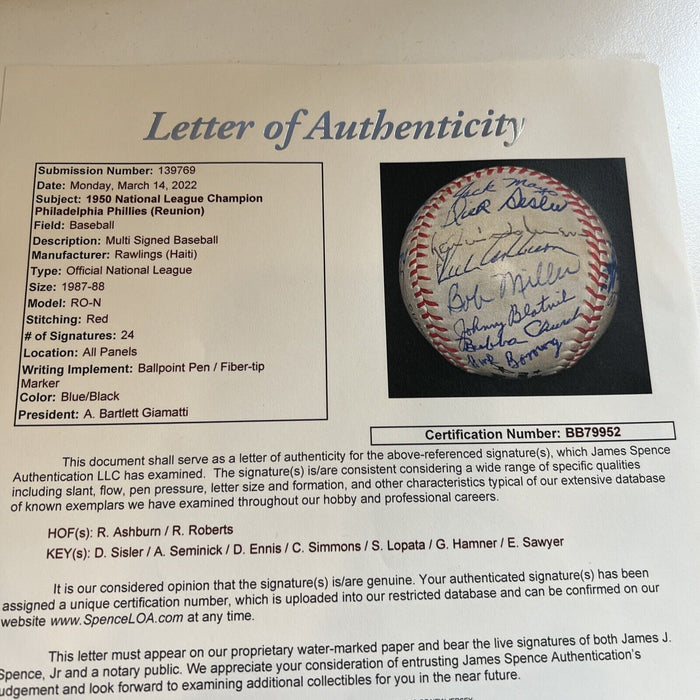 1950 Philadelphia Phillies Whiz Kids NL Champions Team Signed Baseball JSA COA