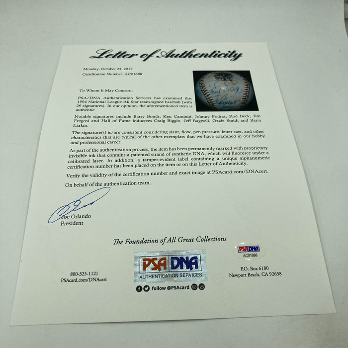 1994 All Star Game National League Team Signed Baseball Barry Bonds PSA DNA COA