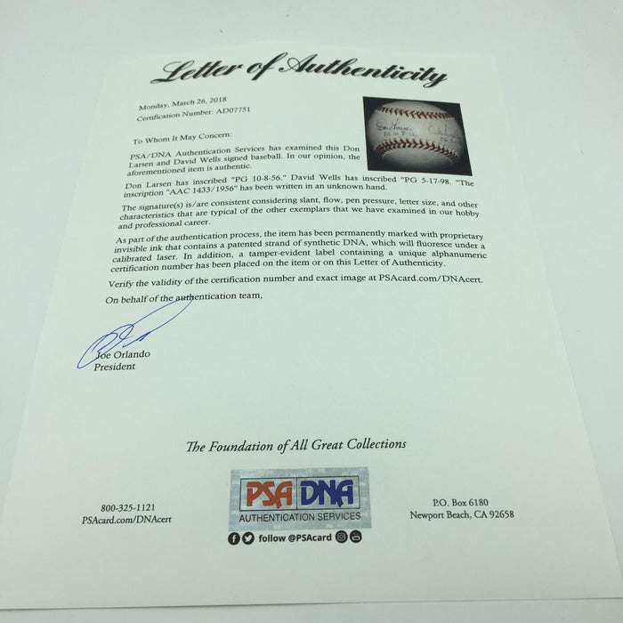 Don Larsen & David Wells Signed Heavily Inscribed Perfect Game Baseball PSA DNA