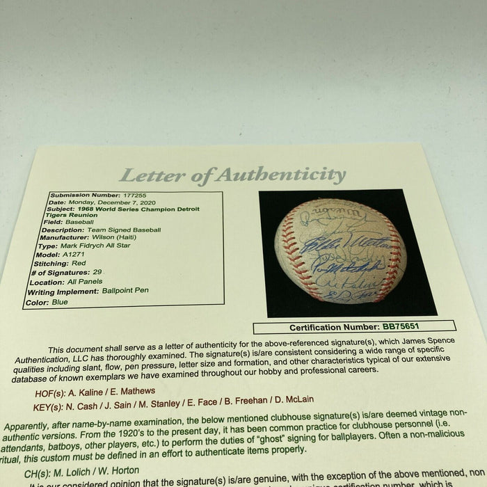 Beautiful 1968 Detroit Tigers World Series Champs Team Signed Baseball JSA COA