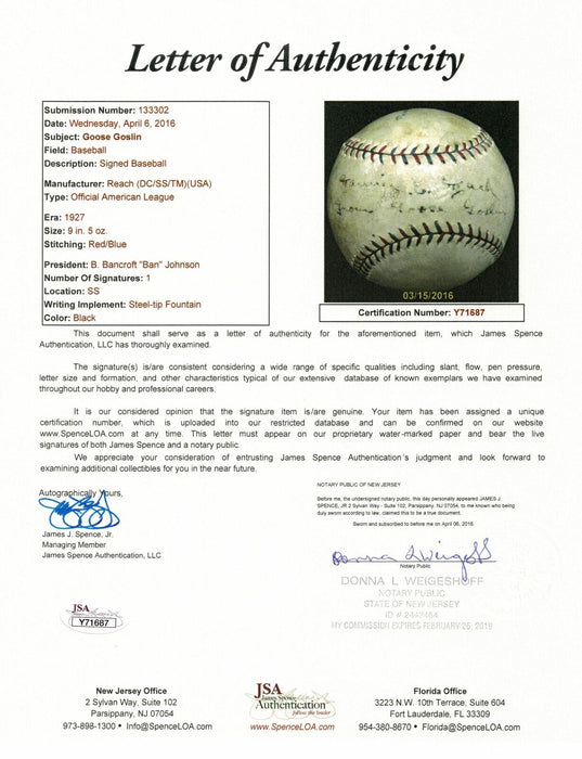 1927 Goose Goslin Single Signed Autographed American League Baseball JSA COA