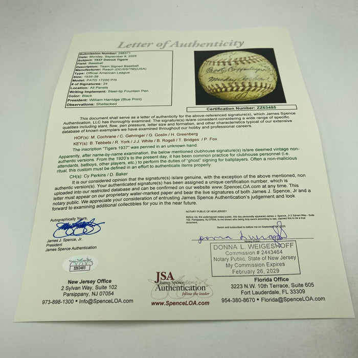 1937 Detroit Tigers Team Signed American League Baseball Hank Greenberg JSA COA