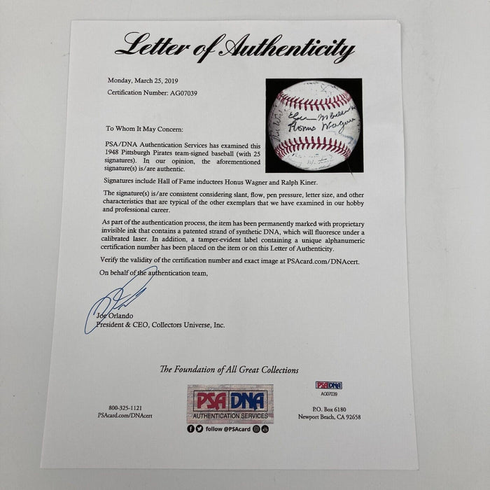 Beautiful Honus Wagner 1949 Pittsburgh Pirates Team Signed Baseball PSA DNA COA