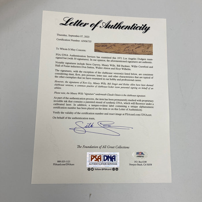 1971 Los Angeles Dodgers Team Signed Game Issued Baseball Bat PSA DNA COA