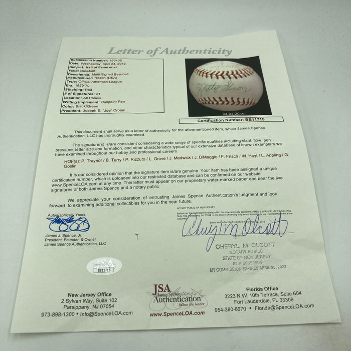 Pie Traynor Lefty Grove Joe Dimaggio Hall Of Fame Multi Signed Baseball JSA