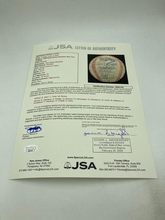 1999 NY Yankees World Series Champs Team Signed Baseball Derek Jeter JSA COA