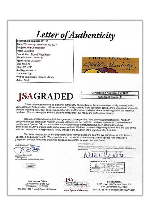 Wilt Chamberlain Signed Kansas University Game Used Floor 18x24 JSA MINT 9