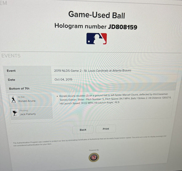 Ronald Acuna Signed 2019 NLDS Actual Hit Game Used Baseball Double JSA & MLB COA