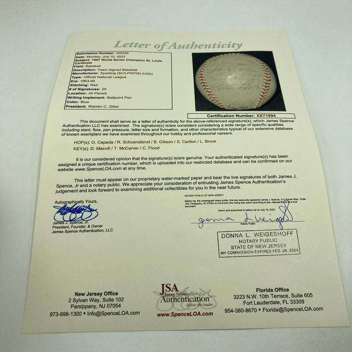1967 St. Louis Cardinals World Series Champs Team Signed Baseball JSA COA