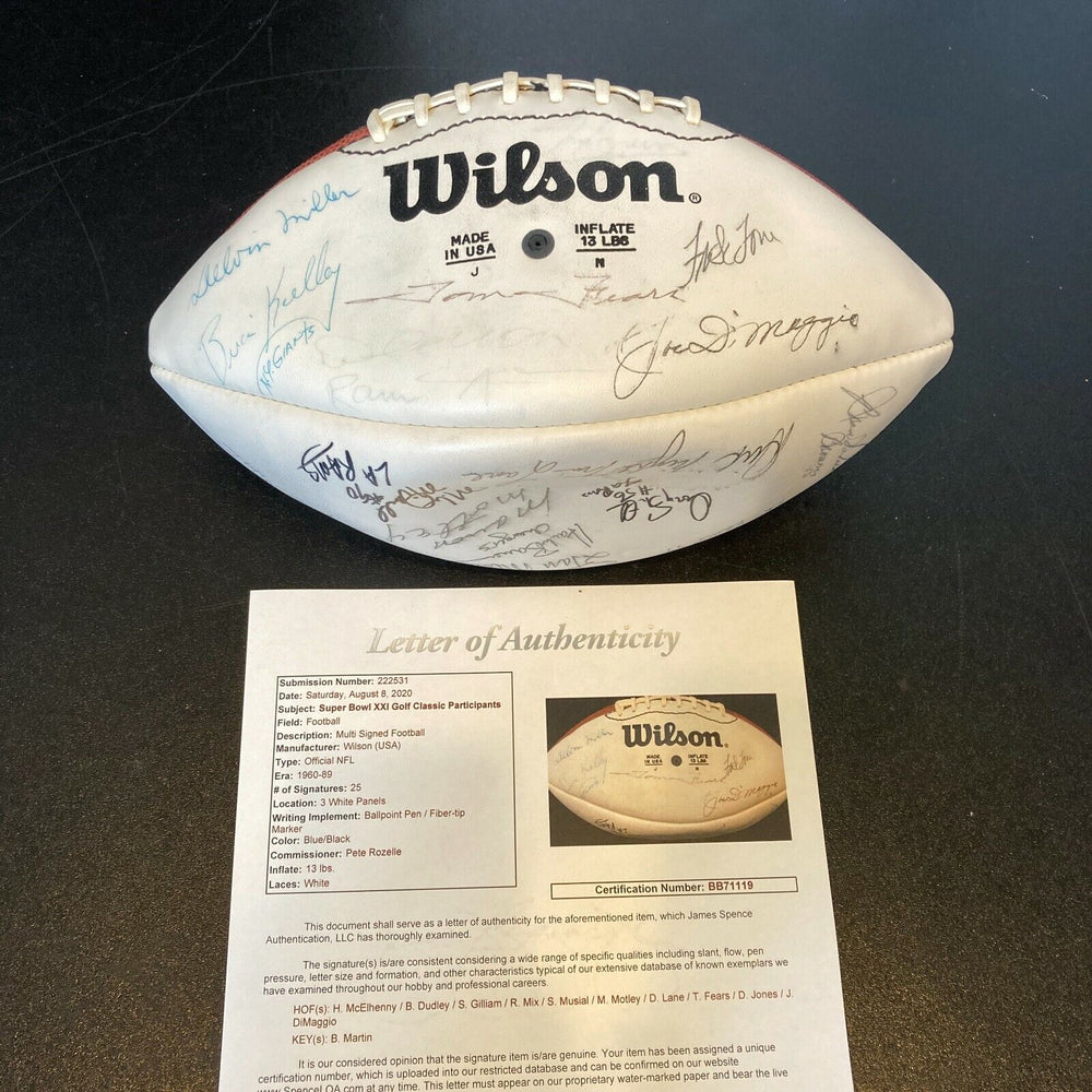 Super Bowl XXI Attendees Signed Football Joe Dimaggio Stan Musial (25) JSA COA