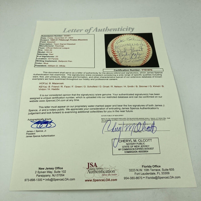 1960 Pittsburgh Pirates World Series Champs Team Signed Baseball 20 Sigs JSA COA