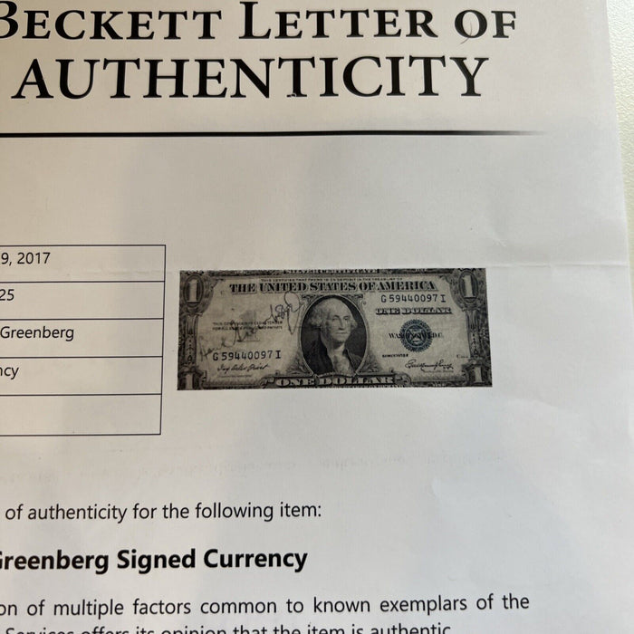 Rare 1935 Hank Greenberg Early Career Signed $1 One Dollar Bill PSA DNA