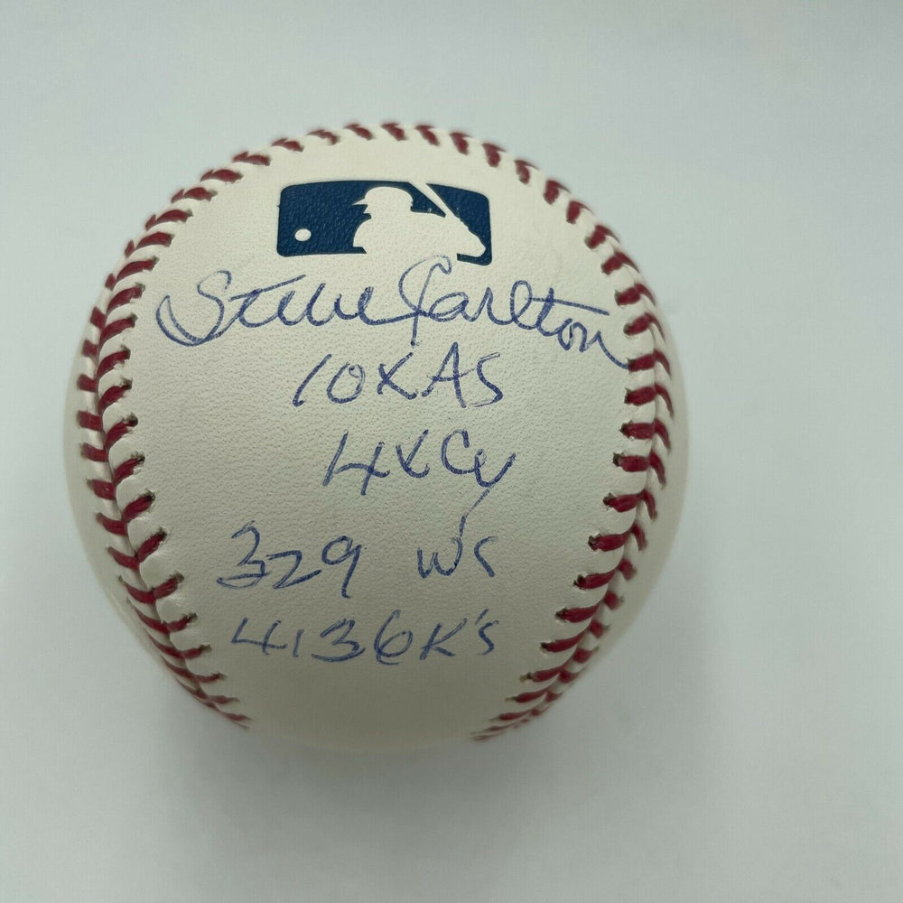 Steve Carlton Signed Heavily Inscribed STATS Baseball Steiner Sticker