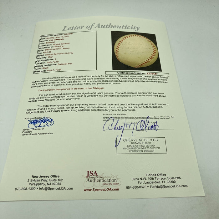 Joe Dimaggio Signed 1944 World War 2 Official National League Baseball JSA COA